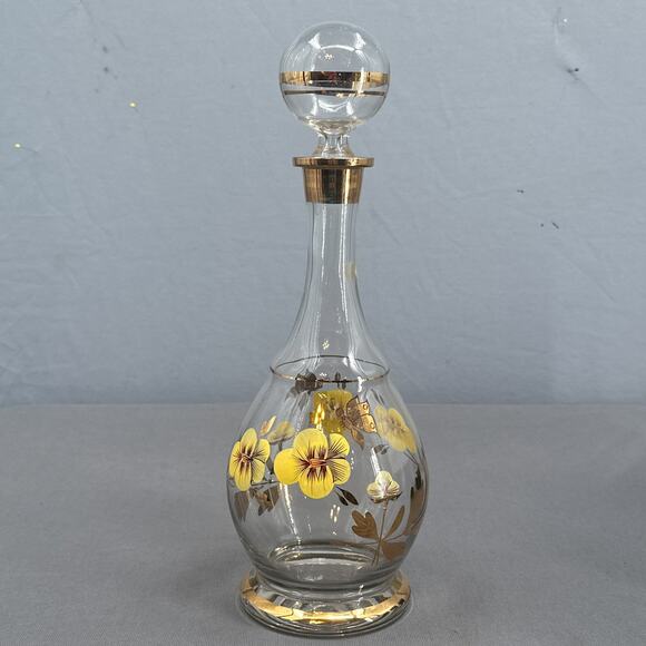 VTG Wine Decanter 15 Floral Hand Painted Romanian Crystal Gold Yellow MCM Carafe - Picture 11 of 16
